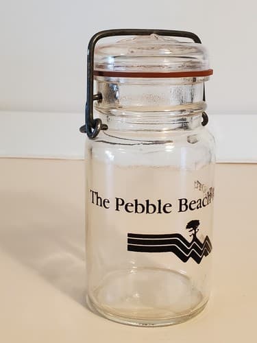 THE PEBBLE BEACH CLUB Glass Jar glass lid wire seal Lone Cypress Tree Logo RARE - Thumbnail 3