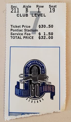 1993 NFL Detroit Lions Ticket Stub. Nov 25 1993 Chicago Bears @ Lions 211B 1 19 - Image 1