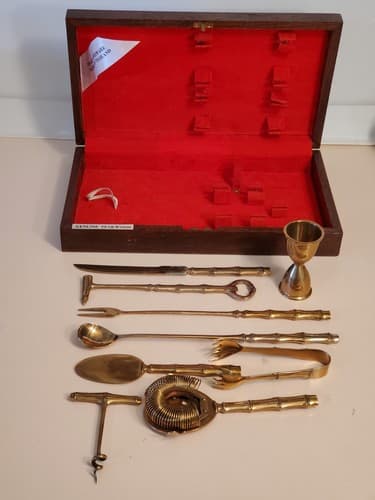 Vtg BRONZE BARTENDER KIT TEAK WOOD Box w knife, jigger bottle opener ++ Thailand - Thumbnail 8