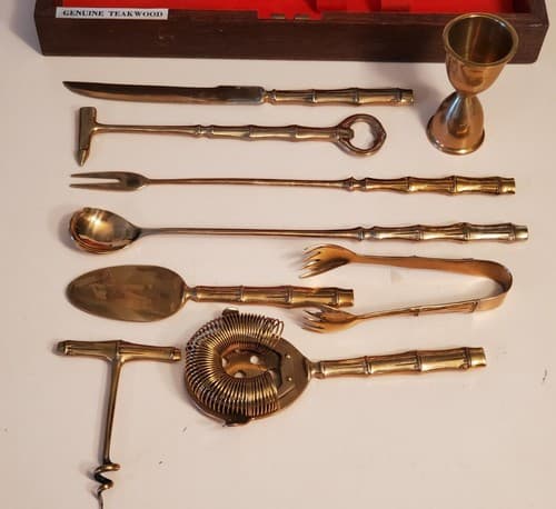 Vtg BRONZE BARTENDER KIT TEAK WOOD Box w knife, jigger bottle opener ++ Thailand - Thumbnail 9