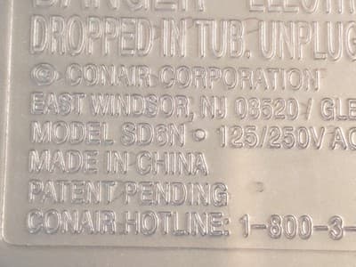 CONAIR 1875W Ionic Styler Hair Dryer Model SD6N, 2 speed, cold shot, 1 attachmnt - Thumbnail 11