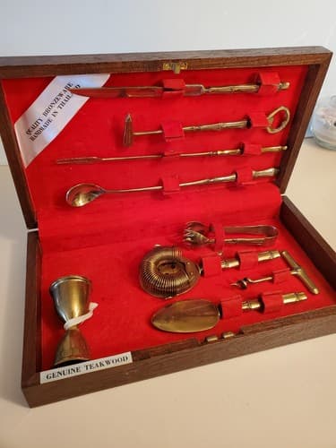 Vtg BRONZE BARTENDER KIT TEAK WOOD Box w knife, jigger bottle opener ++ Thailand - Thumbnail 2