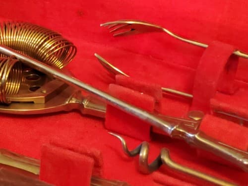 Vtg BRONZE BARTENDER KIT TEAK WOOD Box w knife, jigger bottle opener ++ Thailand - Thumbnail 6