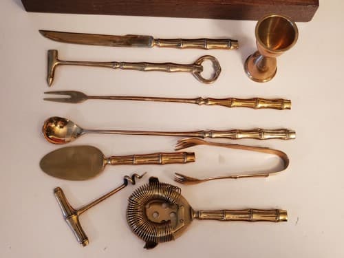 Vtg BRONZE BARTENDER KIT TEAK WOOD Box w knife, jigger bottle opener ++ Thailand - Image 1