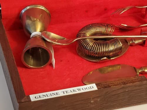 Vtg BRONZE BARTENDER KIT TEAK WOOD Box w knife, jigger bottle opener ++ Thailand - Thumbnail 5