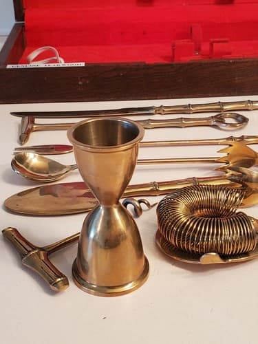 Vtg BRONZE BARTENDER KIT TEAK WOOD Box w knife, jigger bottle opener ++ Thailand - Thumbnail 3