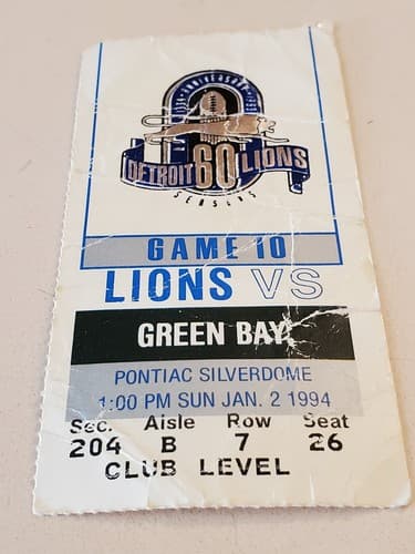 1994 NFL Detroit Lions Ticket Stub. Jan 2 1994 Green Bay Pack @ Lions. 204B 7 26 - Thumbnail 4