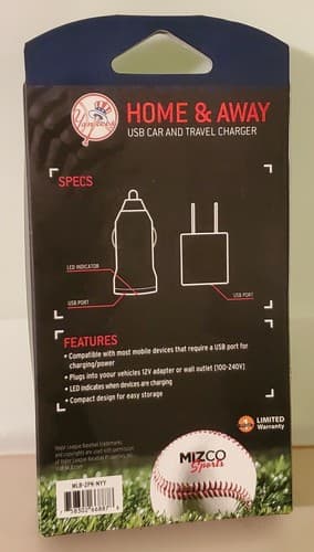 New York Yankees Home & Away USB Car and Travel Charger. 2-pc power adapters NEW - Thumbnail 3
