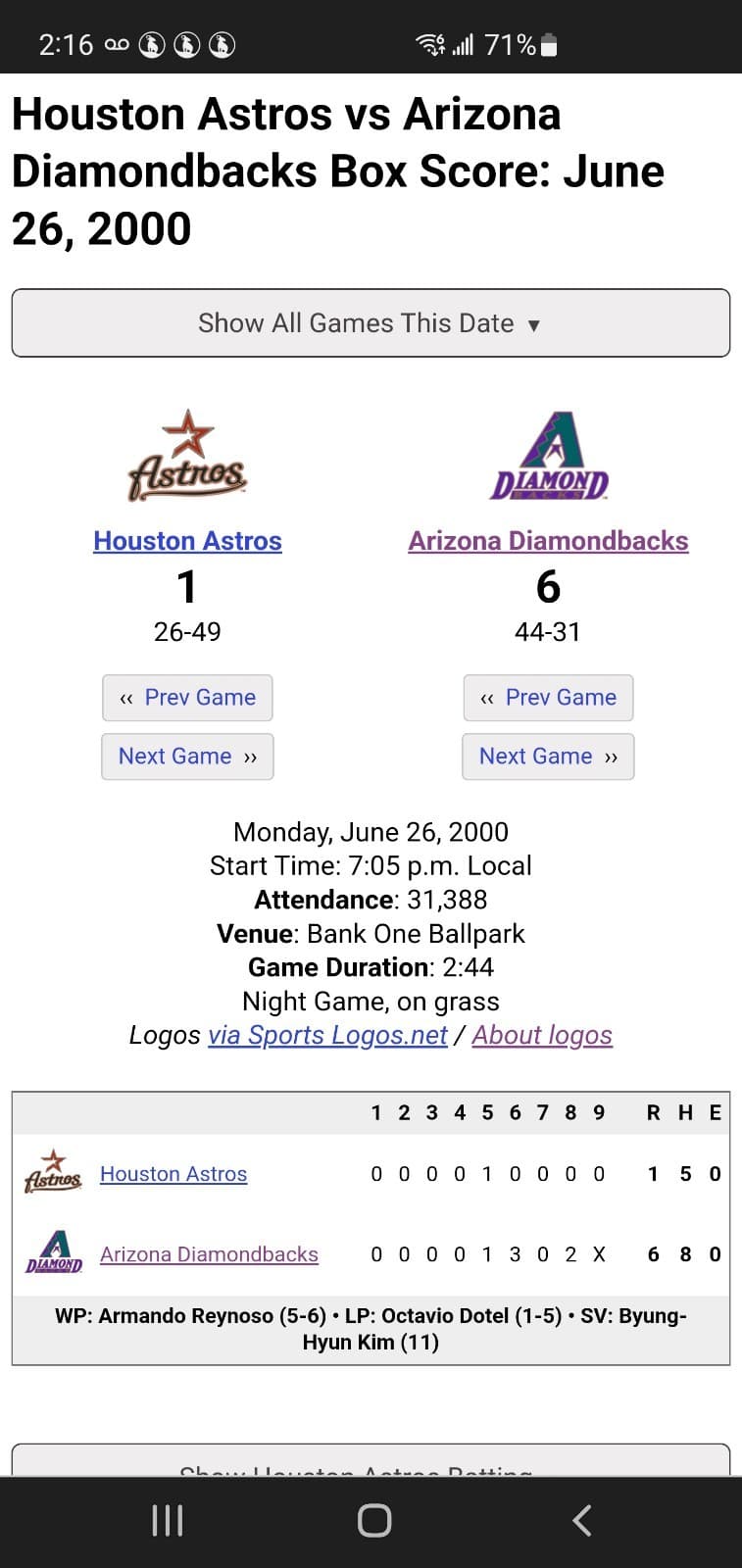 2000 MLB Arizona Diamondbacks Ticket Stub JUN 26 2000 v Houston Astros (6-1W) - Thumbnail 3