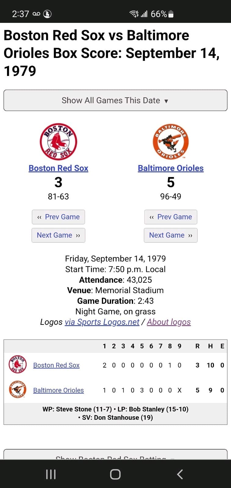 1979 MLB Baltimore Orioles Ticket Stub SEP 14 1979 v Boston Red Sox (5-3W) - Thumbnail 3