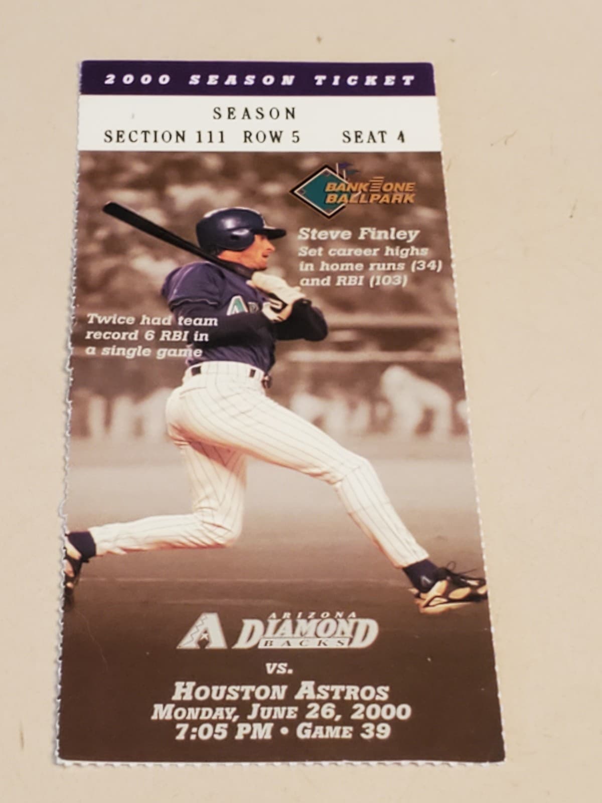2000 MLB Arizona Diamondbacks Ticket Stub JUN 26 2000 v Houston Astros (6-1W) - Thumbnail 7