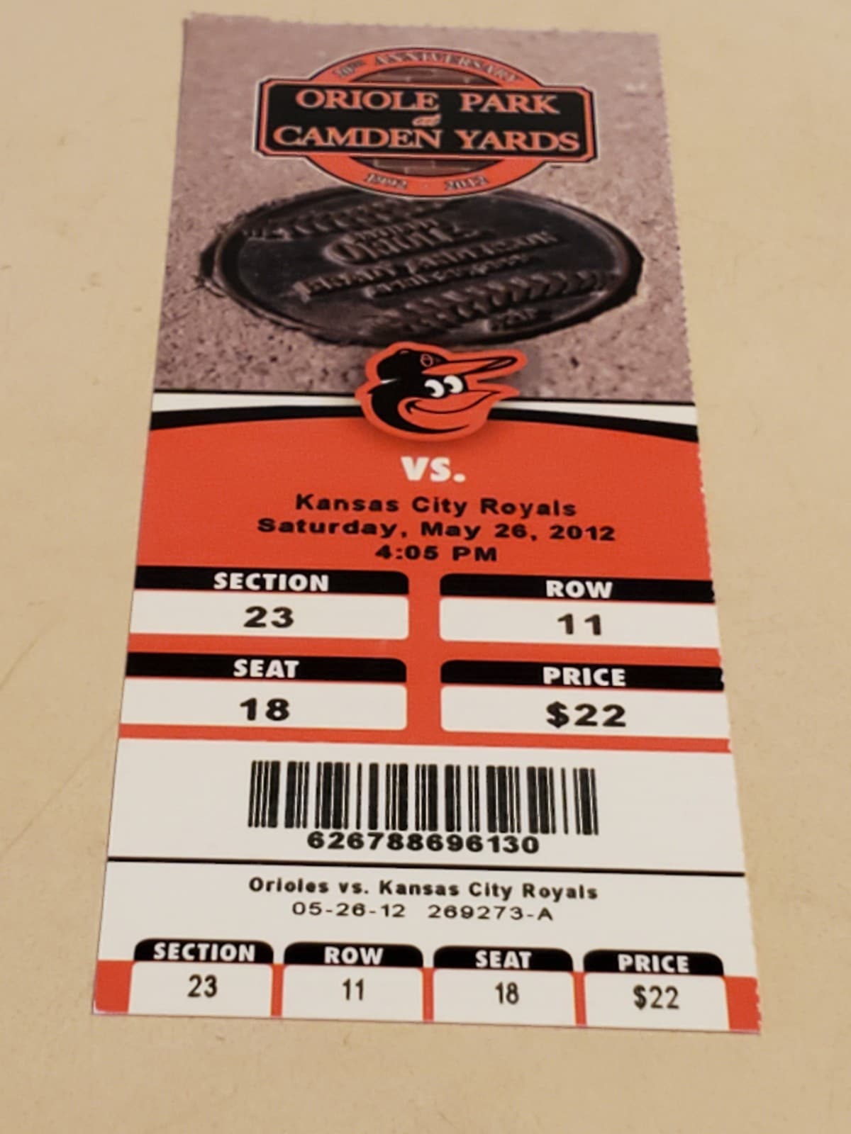 2012 MLB Baltimore Orioles Ticket Stub MAY 26 2012 v Kansas City Royals (3-4L) - Thumbnail 6