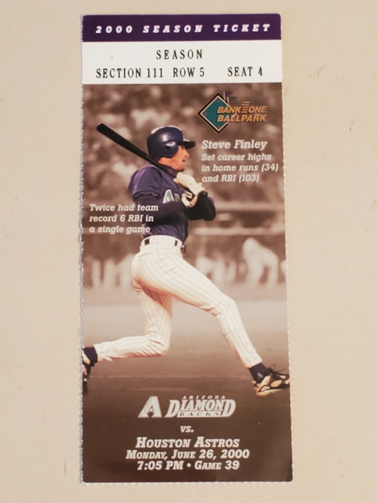 2000 MLB Arizona Diamondbacks Ticket Stub JUN 26 2000 v Houston Astros (6-1W)