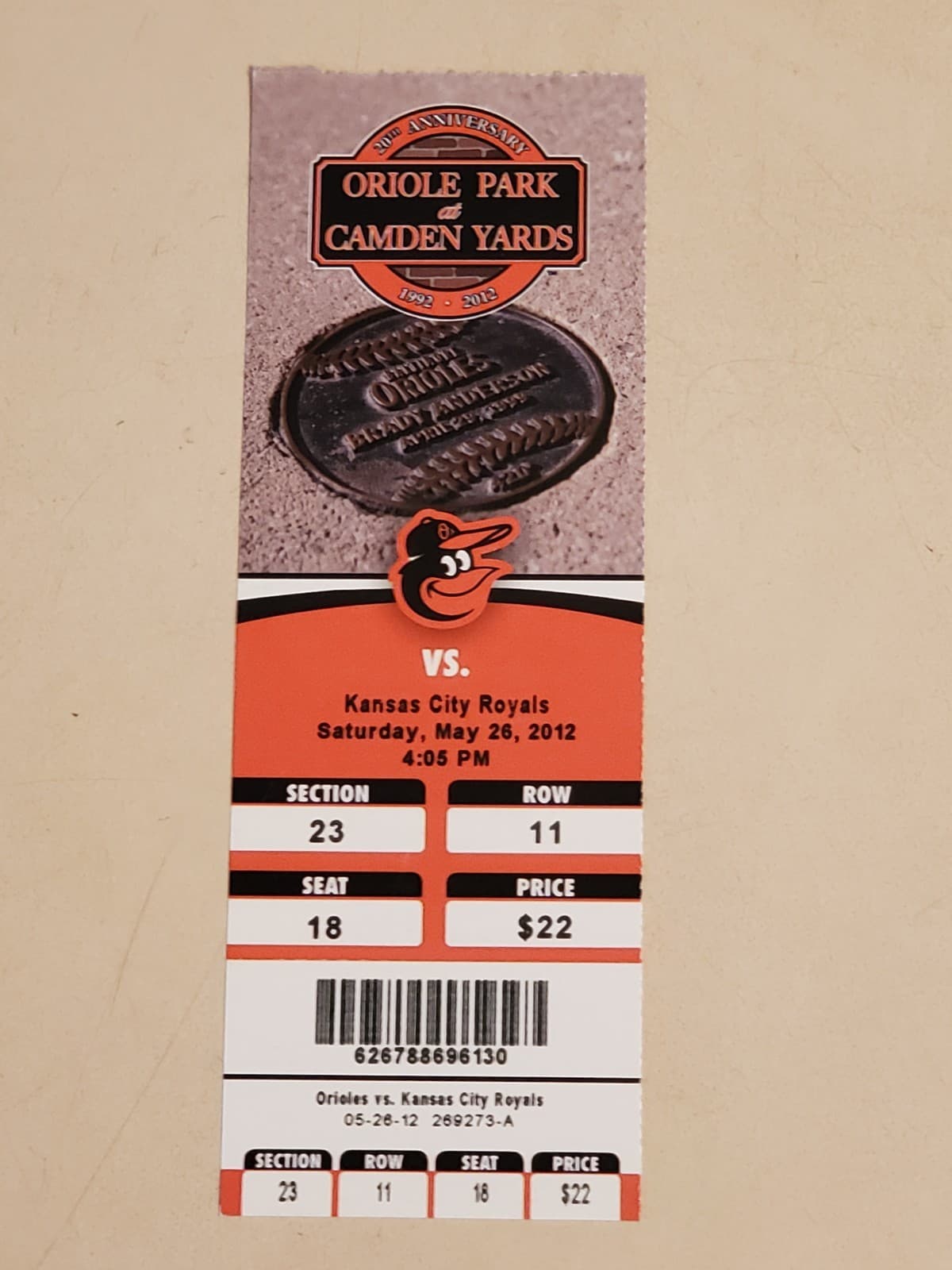 2012 MLB Baltimore Orioles Ticket Stub MAY 26 2012 v Kansas City Royals (3-4L) - Image 1