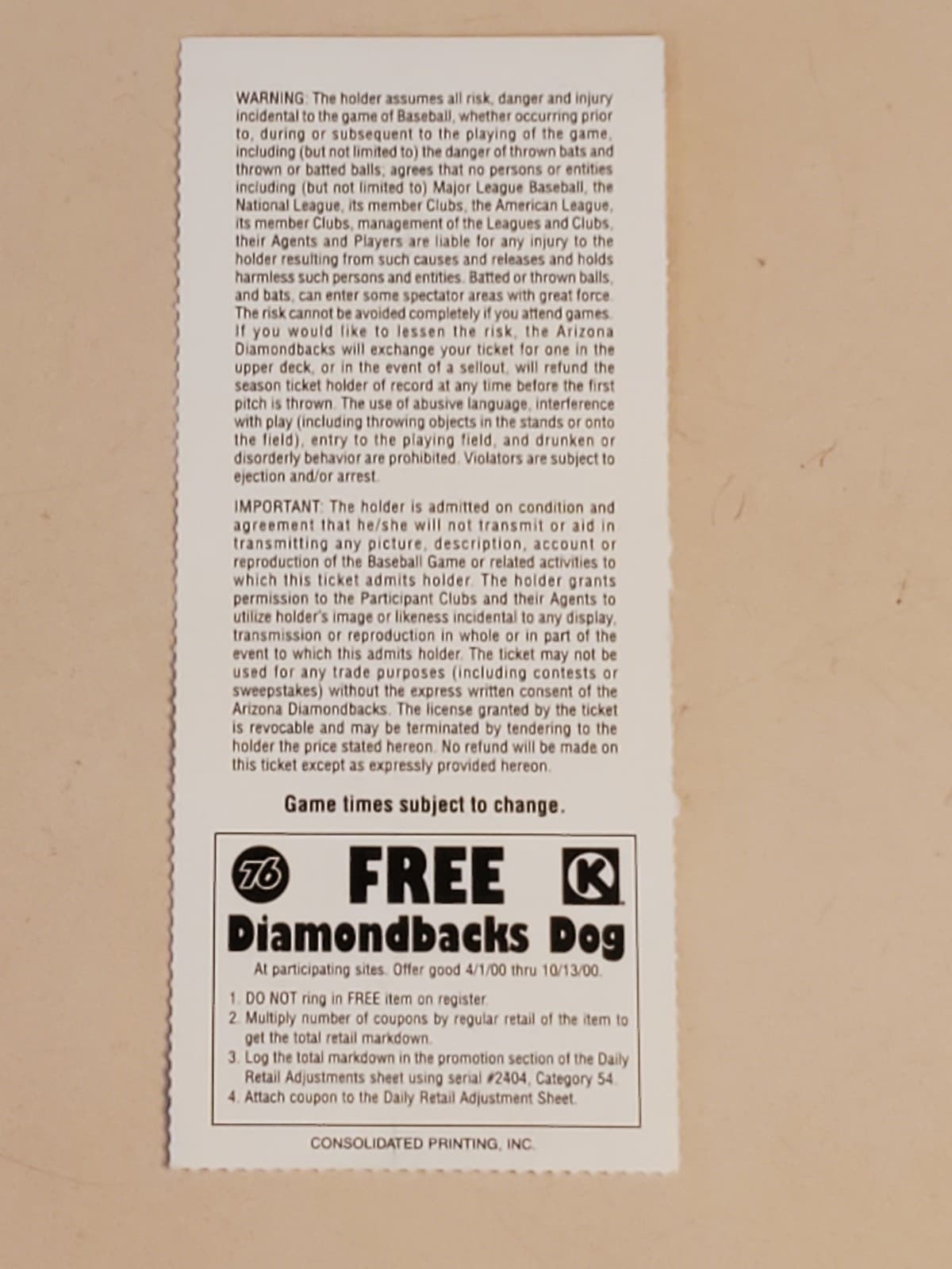 2000 MLB Arizona Diamondbacks Ticket Stub JUN 26 2000 v Houston Astros (6-1W) - Thumbnail 2