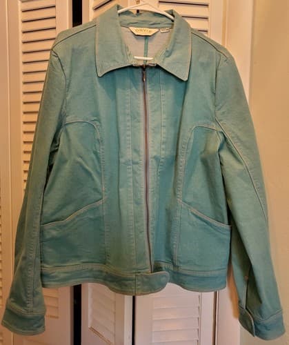 Orvis Womens Denim Jacket. Seafoam Green / Blue. Zipper front, lightweight denim