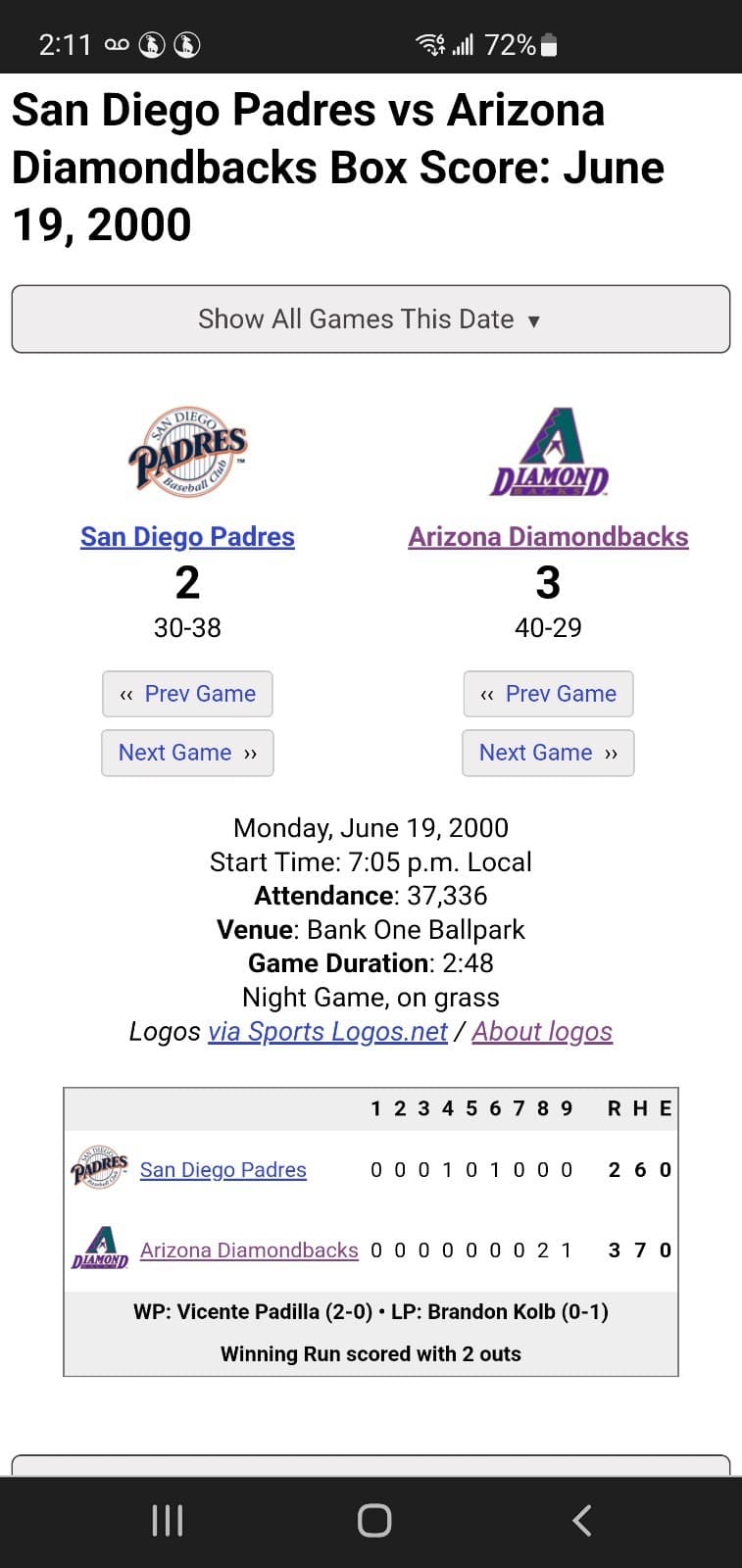2000 MLB Arizona Diamondbacks Ticket Stub JUN 19 2000 v San Diego Padres (3-2W) - Thumbnail 4