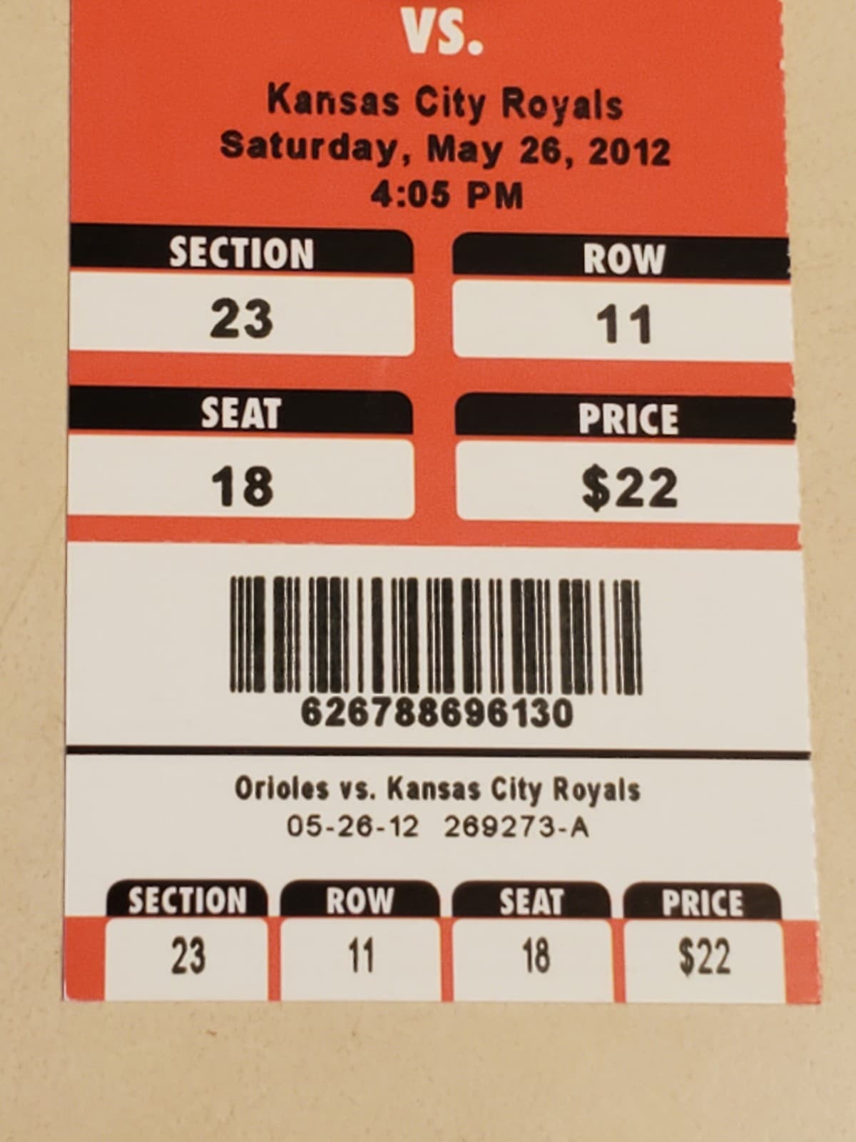 2012 MLB Baltimore Orioles Ticket Stub MAY 26 2012 v Kansas City Royals (3-4L) - Thumbnail 5