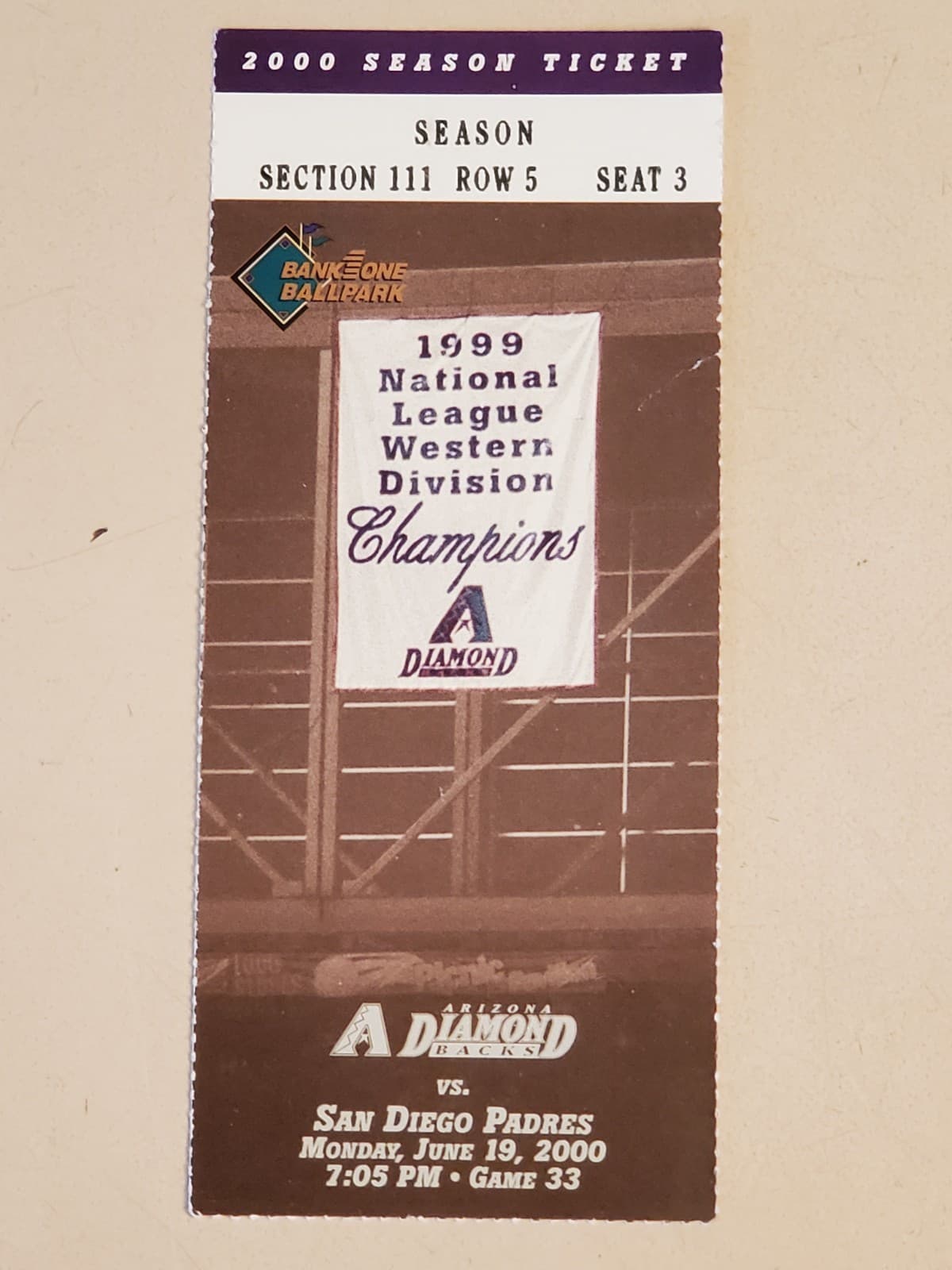 2000 MLB Arizona Diamondbacks Ticket Stub JUN 19 2000 v San Diego Padres (3-2W) - Image 1