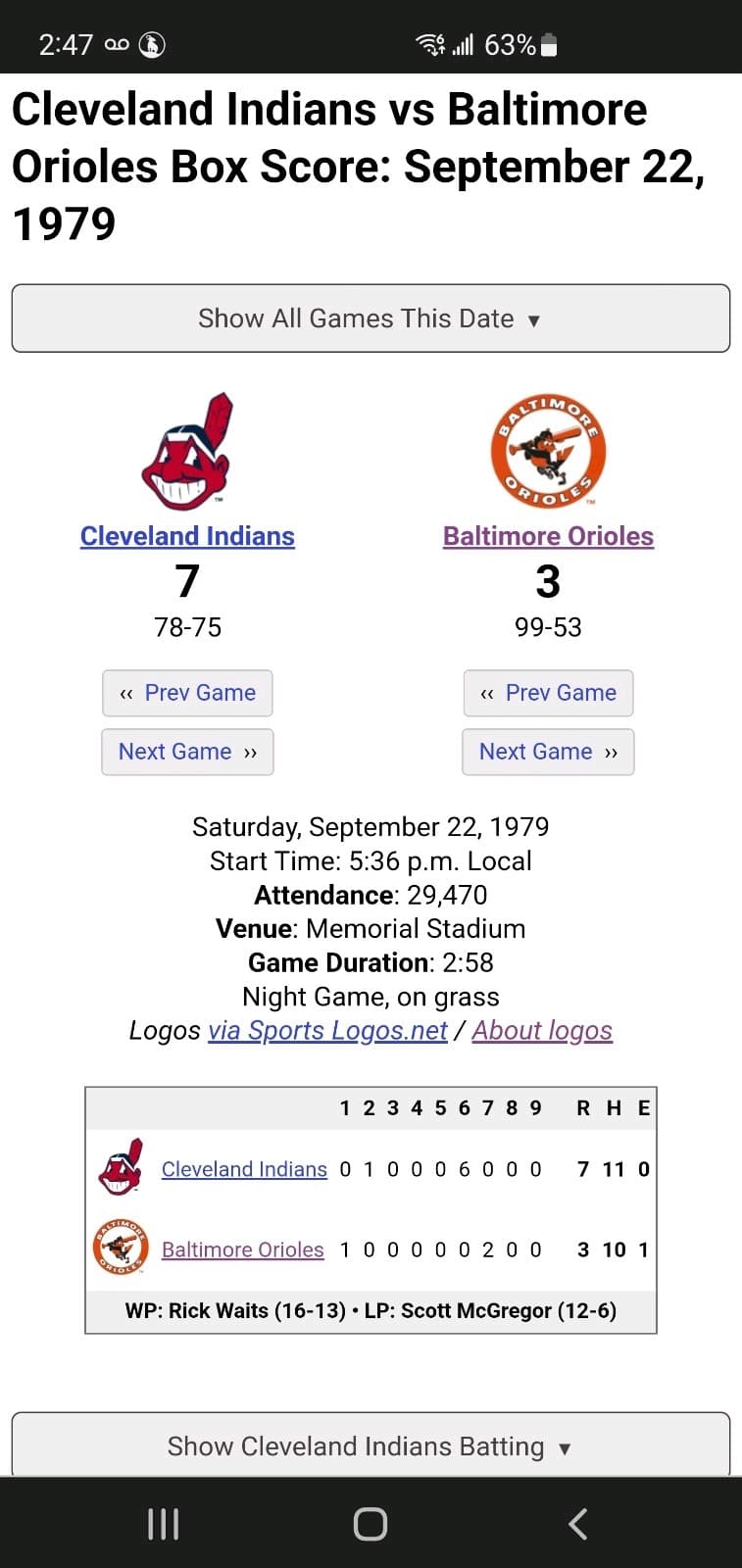 1979 MLB Baltimore Orioles Ticket Stub SEP 22 1979 v Cleveland Indians (3-7L) - Thumbnail 3