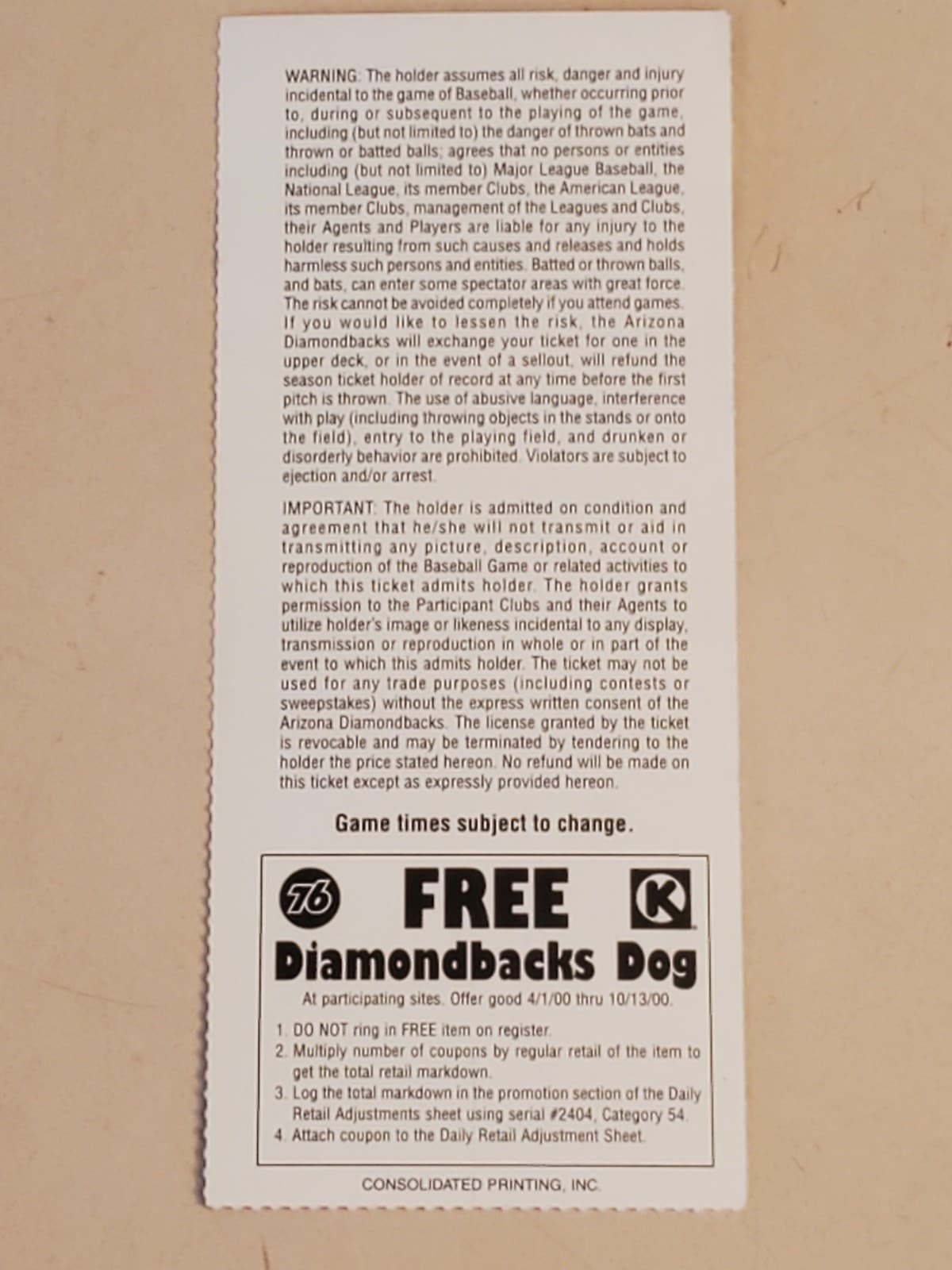 2000 MLB Arizona Diamondbacks Ticket Stub JUN 19 2000 v San Diego Padres (3-2W) - Thumbnail 2