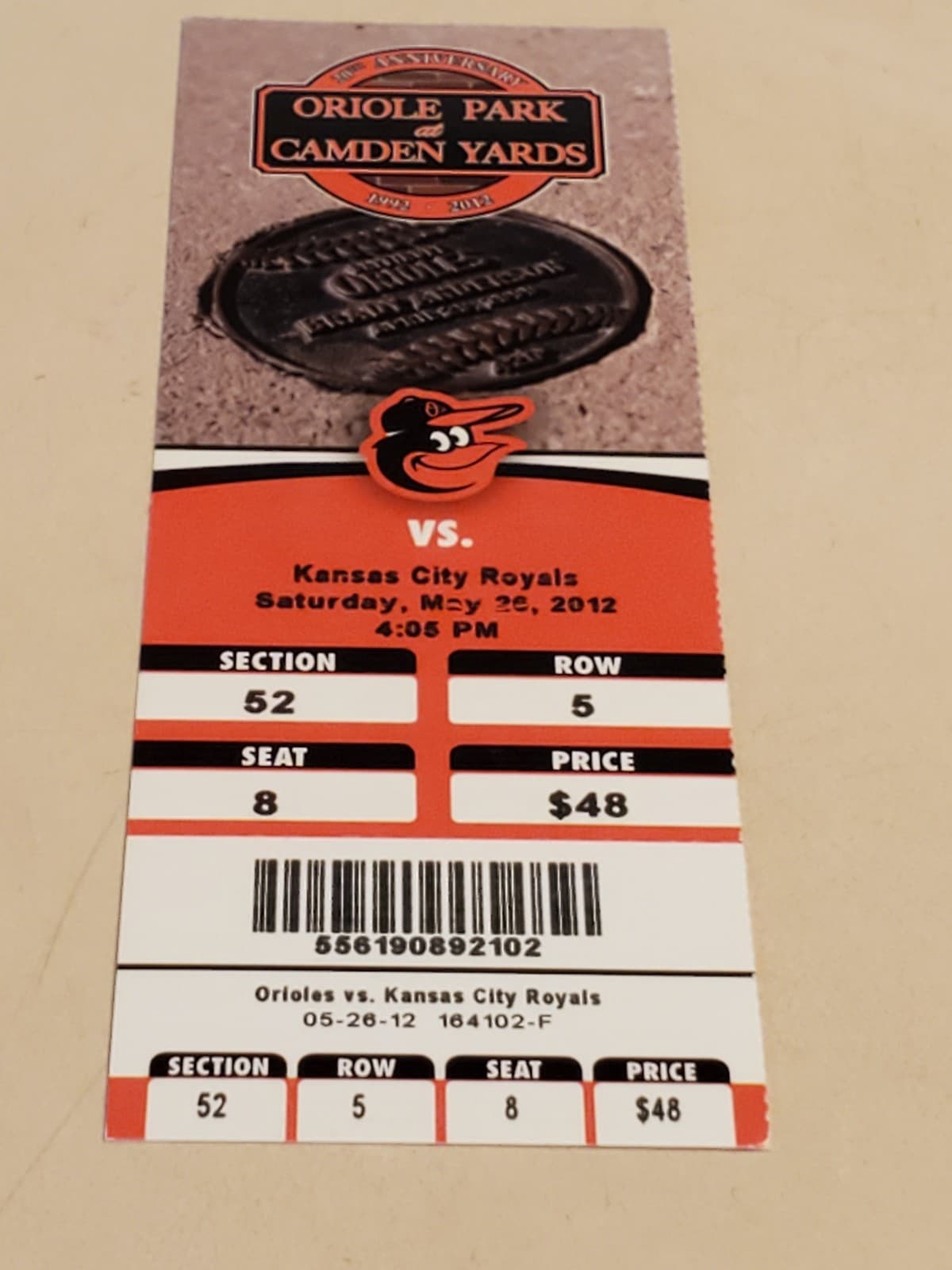 2012 MLB Baltimore Orioles Ticket Stub MAY 26 2012 v Kansas City Royals (3-4L) - Thumbnail 6