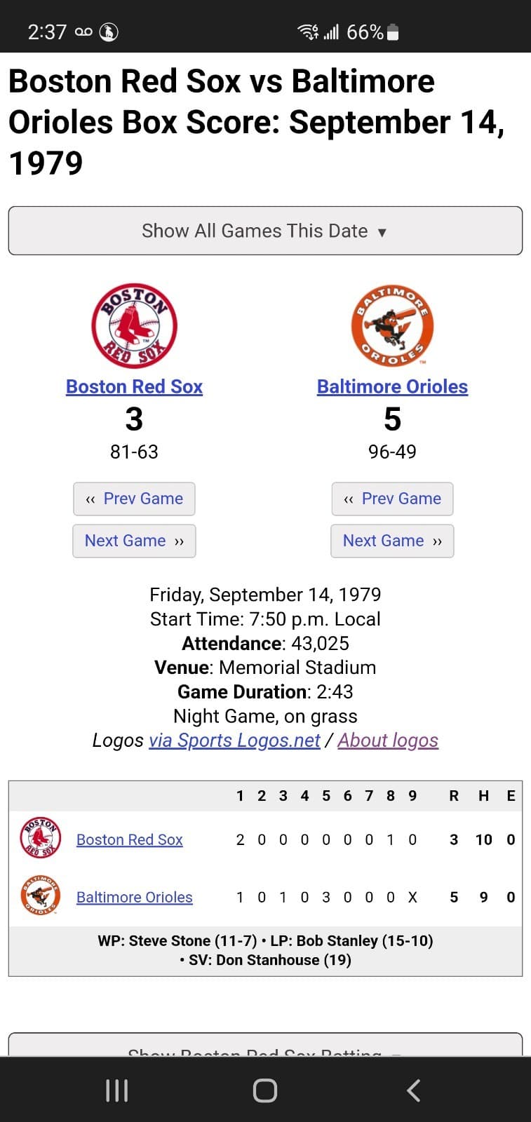 1979 MLB Baltimore Orioles Ticket Stub SEP 14 1979 v Boston Red Sox (5-3W) - Thumbnail 3