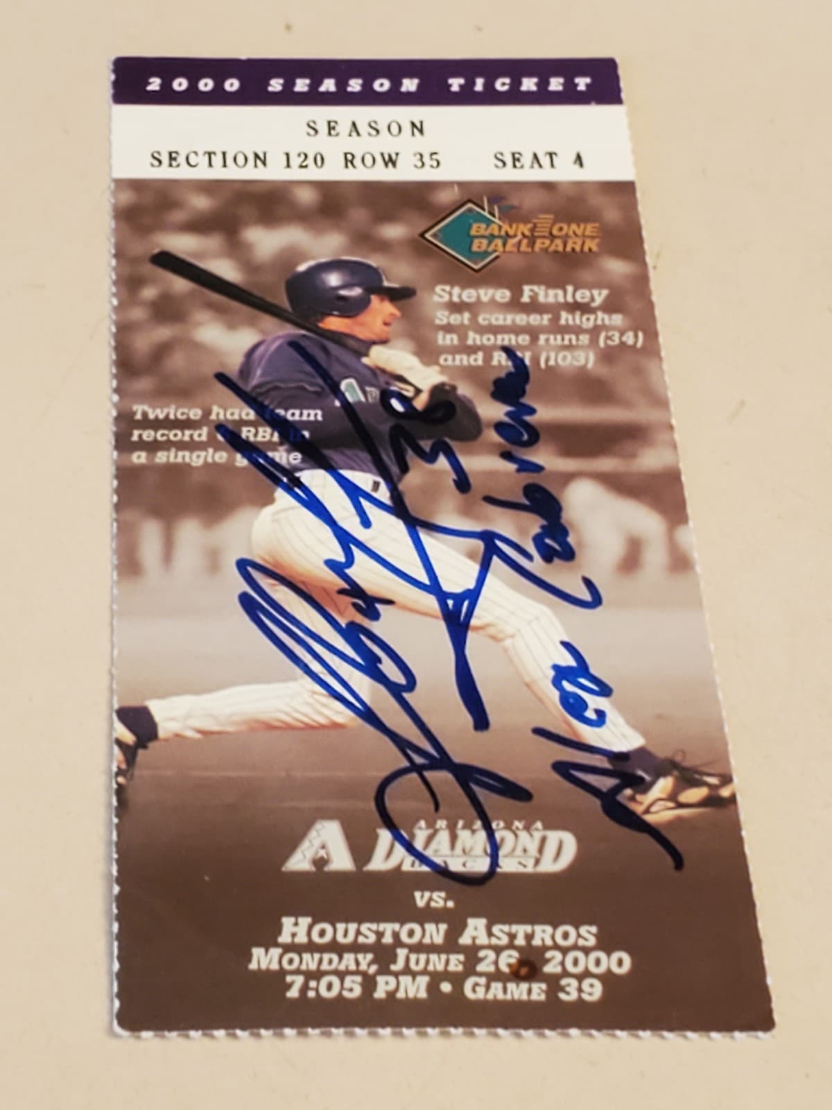 2000 MLB Arizona Diamondbacks AUTOGRAPH Ticket Stub JUN 26 2000 v Houston Astros - Thumbnail 7