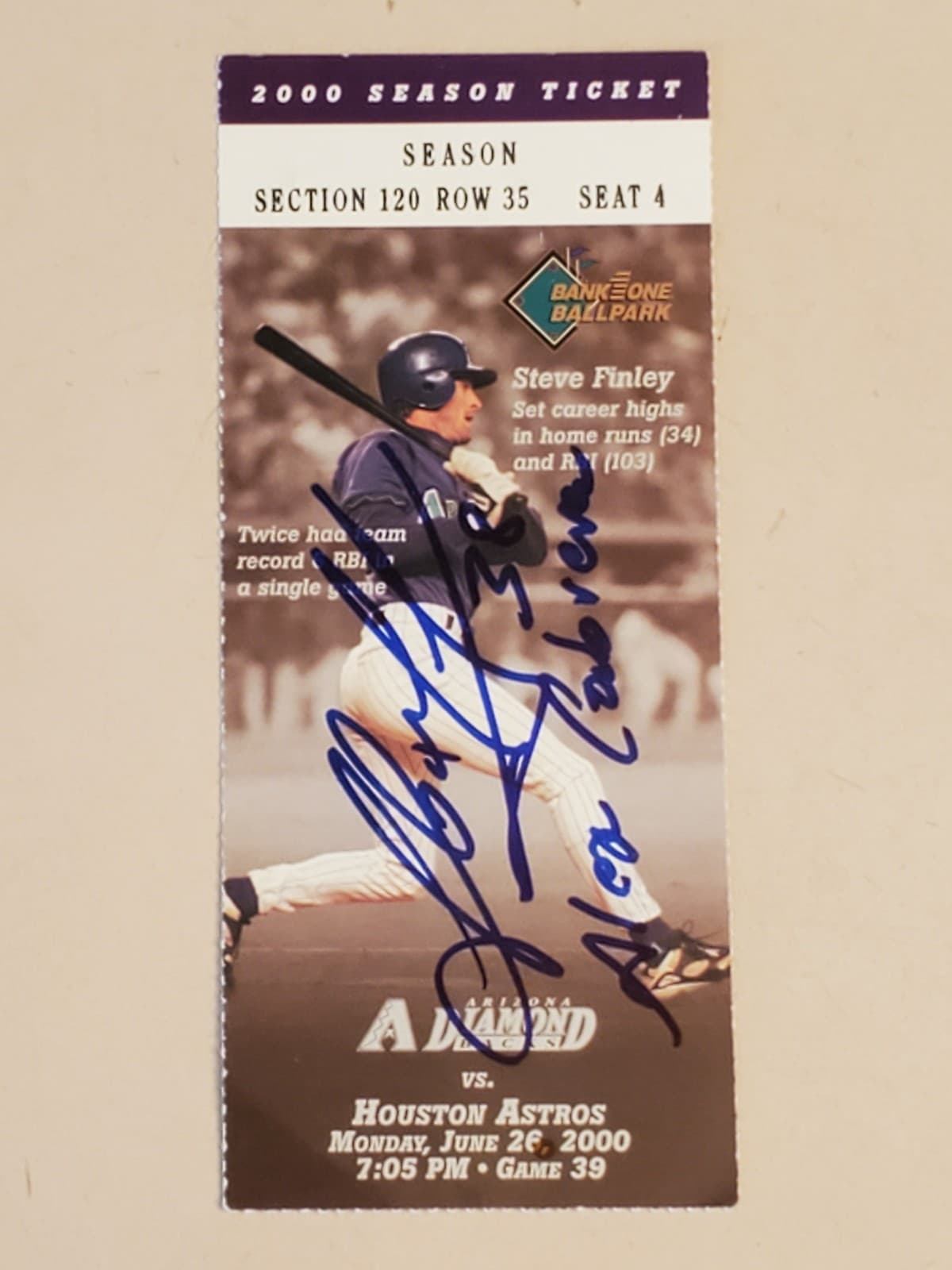 2000 MLB Arizona Diamondbacks AUTOGRAPH Ticket Stub JUN 26 2000 v Houston Astros