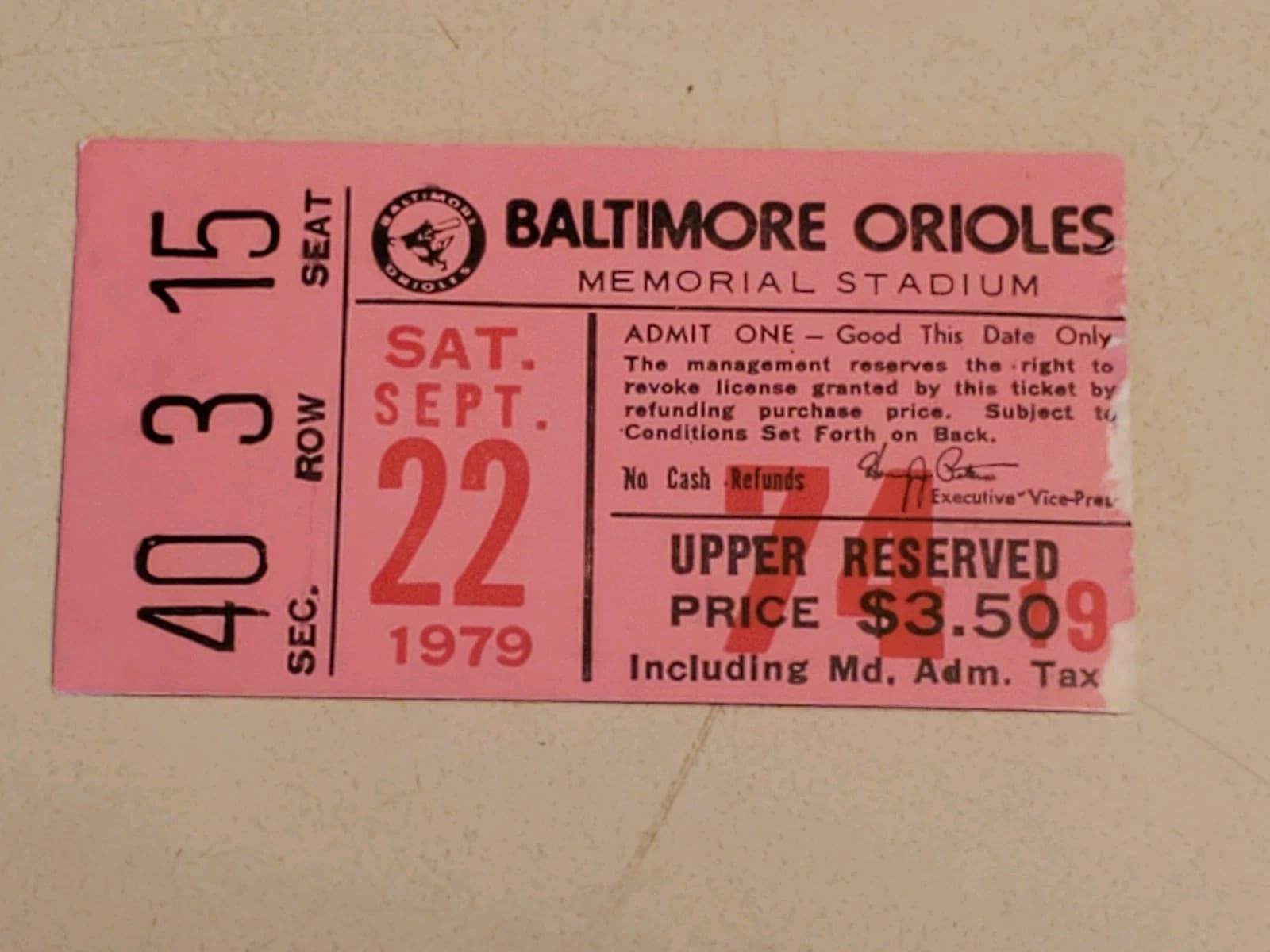 1979 MLB Baltimore Orioles Ticket Stub SEP 22 1979 v Cleveland Indians (3-7L)