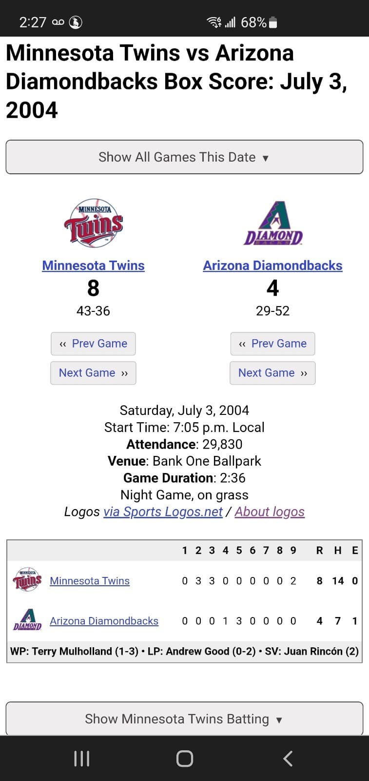2004 MLB Arizona Diamondbacks Ticket Stub JUL 3 2004 v Minnesota Twins (4-8L) - Thumbnail 3