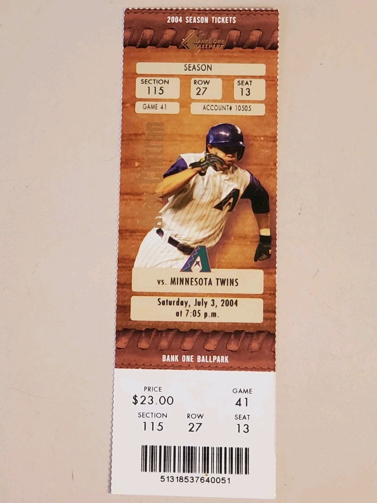 2004 MLB Arizona Diamondbacks Ticket Stub JUL 3 2004 v Minnesota Twins (4-8L) - Image 1