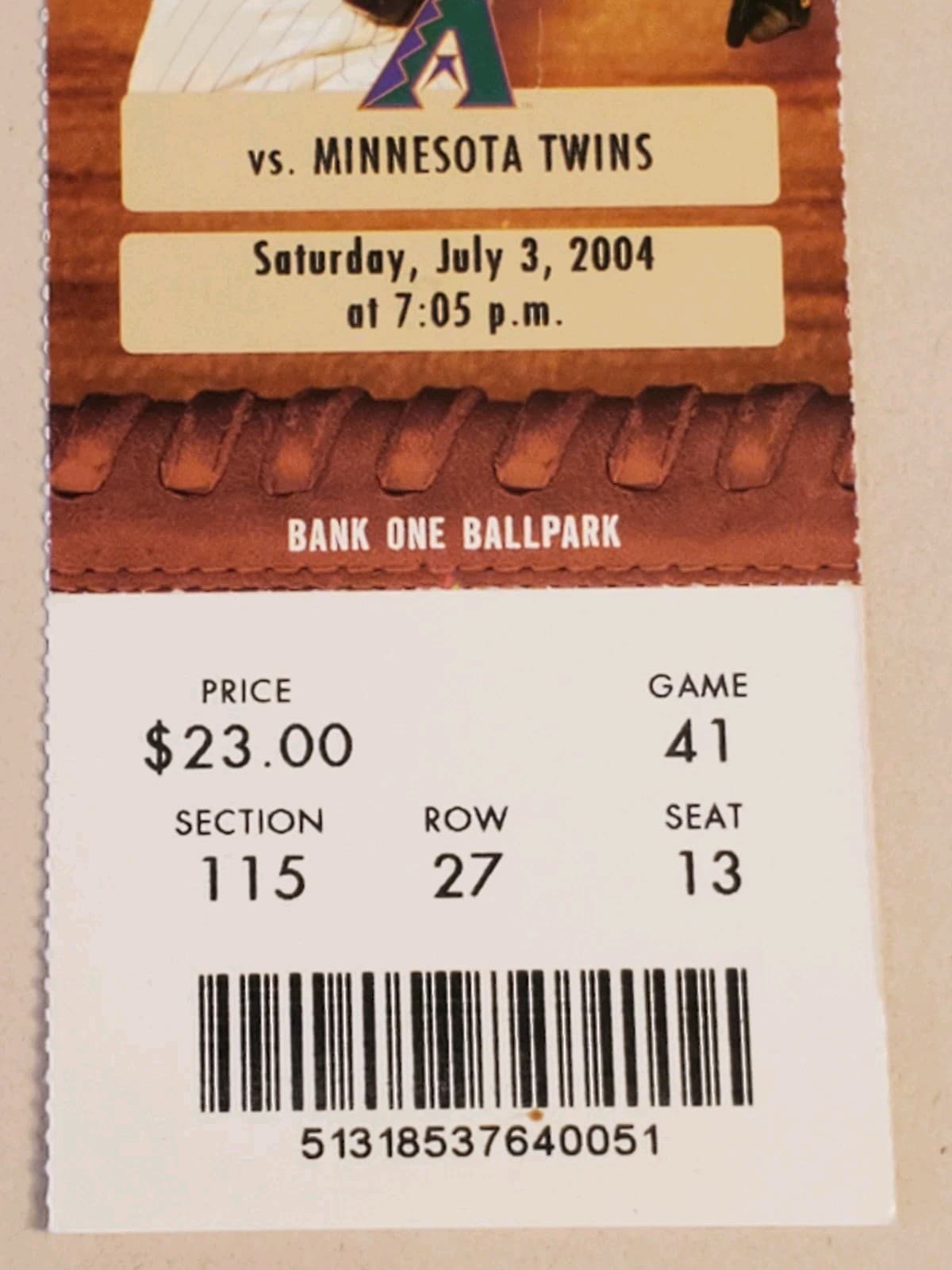 2004 MLB Arizona Diamondbacks Ticket Stub JUL 3 2004 v Minnesota Twins (4-8L) - Thumbnail 6