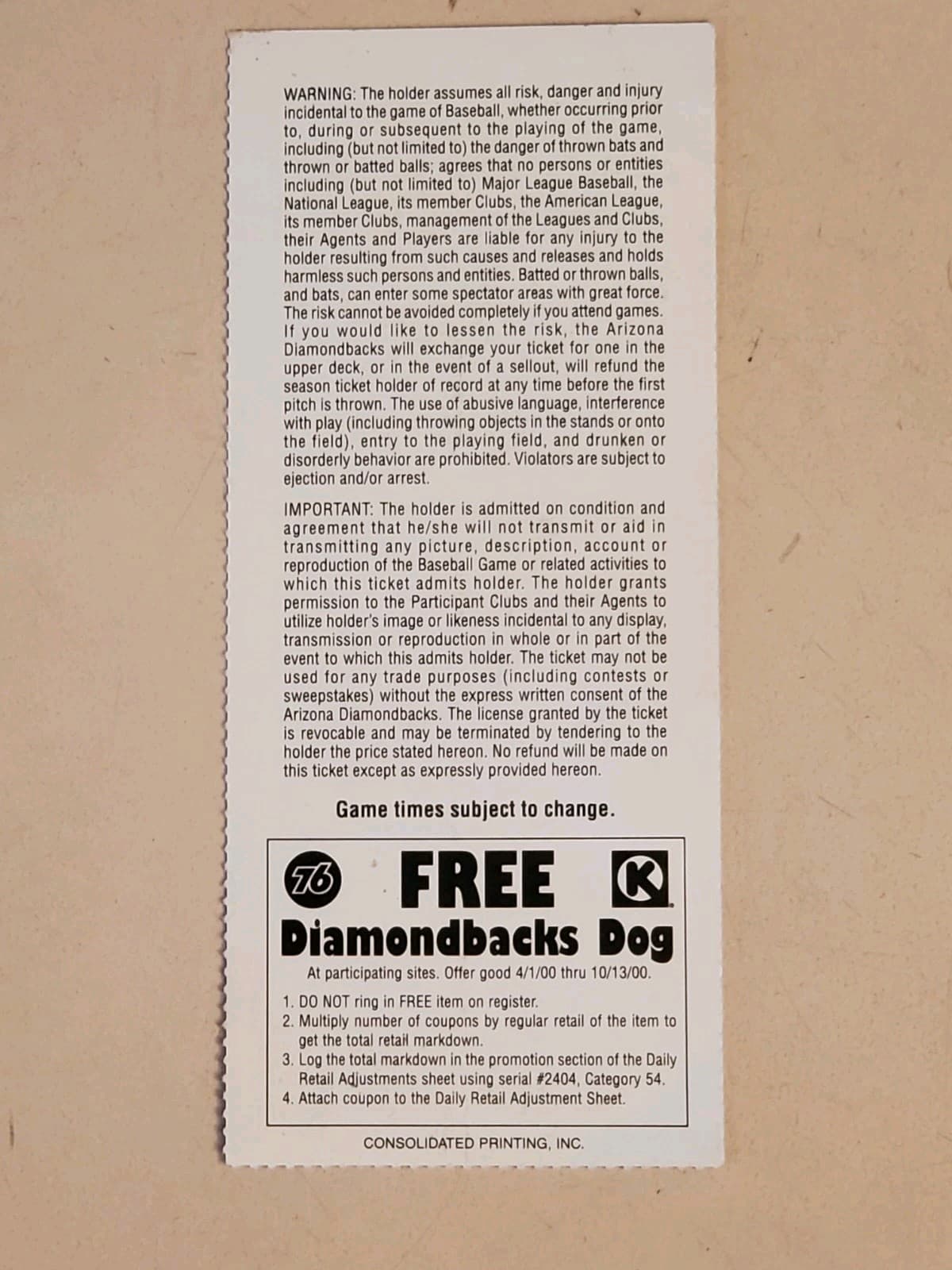 2000 MLB Arizona Diamondbacks AUTOGRAPH Ticket Stub JUN 26 2000 v Houston Astros - Thumbnail 2