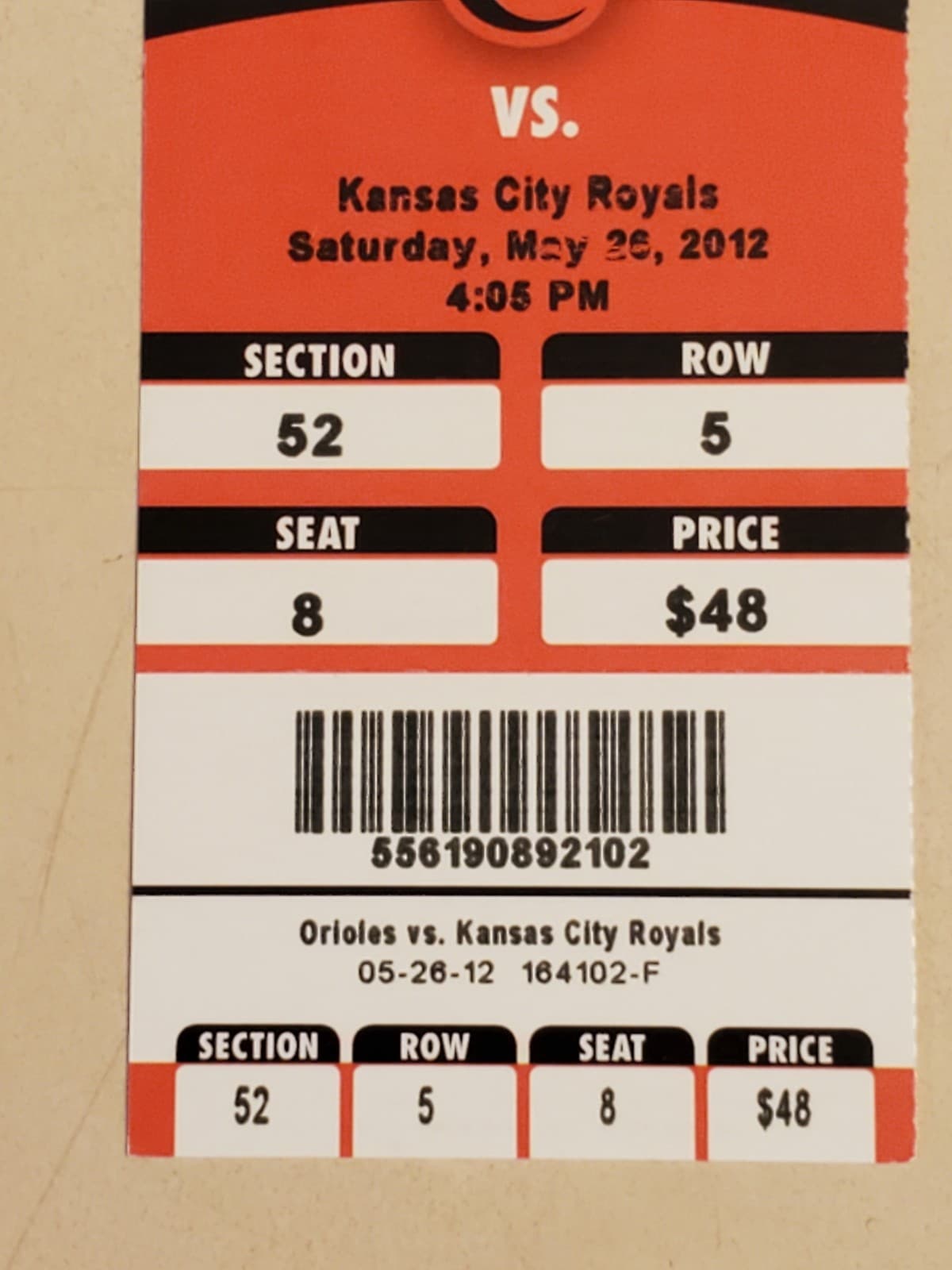2012 MLB Baltimore Orioles Ticket Stub MAY 26 2012 v Kansas City Royals (3-4L) - Thumbnail 5