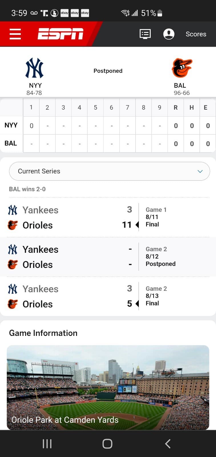 2014 MLB Baltimore Orioles Ticket Stub AUG 12 2014 v New York Yankees POSTPONED - Thumbnail 3