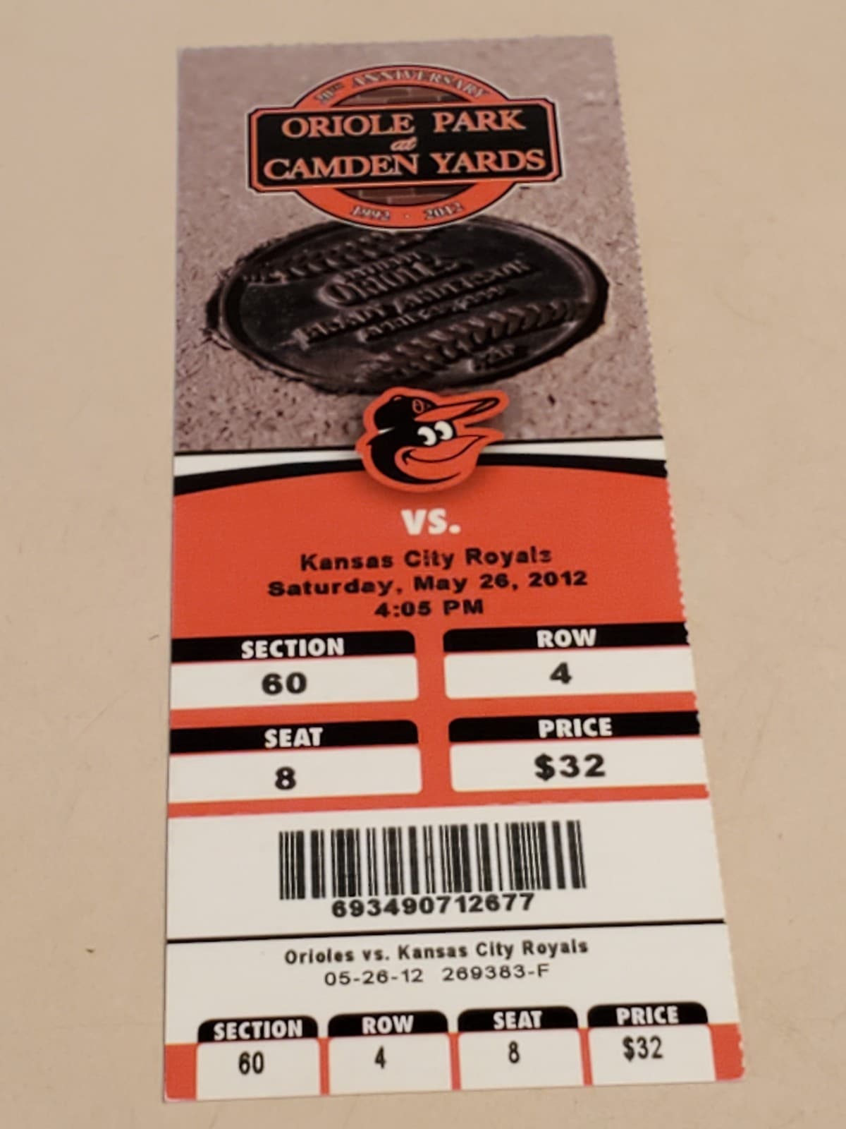 2012 MLB Baltimore Orioles Ticket Stub MAY 26 2012 v Kansas City Royals (3-4L) - Thumbnail 7
