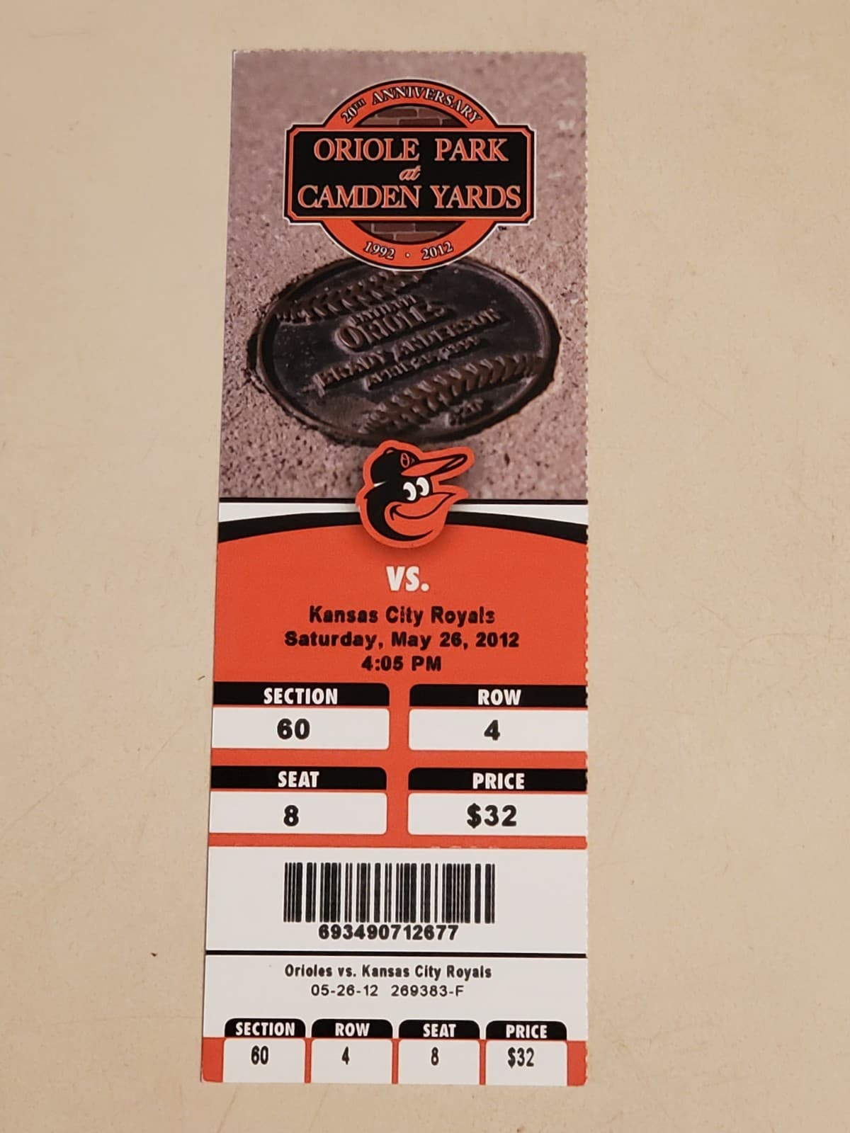 2012 MLB Baltimore Orioles Ticket Stub MAY 26 2012 v Kansas City Royals (3-4L) - Thumbnail 6