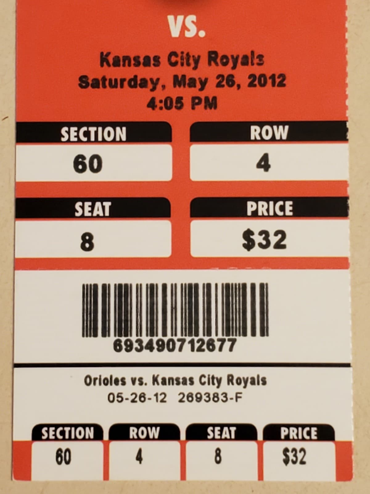 2012 MLB Baltimore Orioles Ticket Stub MAY 26 2012 v Kansas City Royals (3-4L) - Thumbnail 5