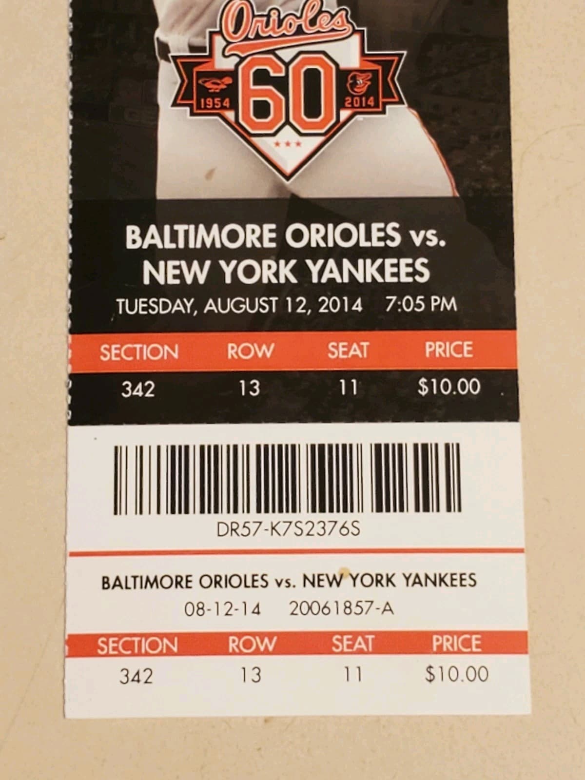 2014 MLB Baltimore Orioles Ticket Stub AUG 12 2014 v New York Yankees POSTPONED - Thumbnail 5