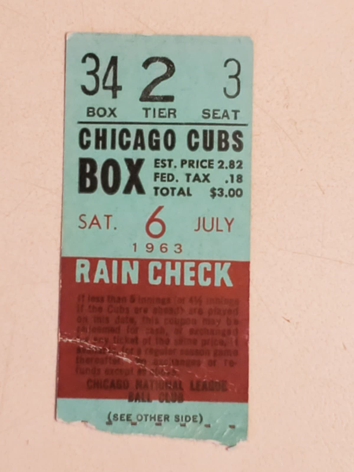 1963 MLB Chicago Cubs Ticket Stub JUL 6 1963 v Philadelphia Phillies (0-6L)