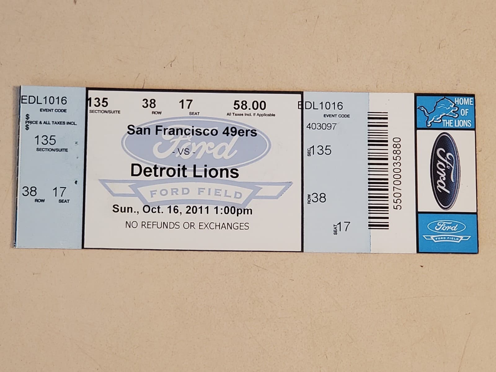 2011 NFL Detroit Lions Ticket Stub OCT 16 2011 v San Francisco 49ers (19-25L) - Image 1