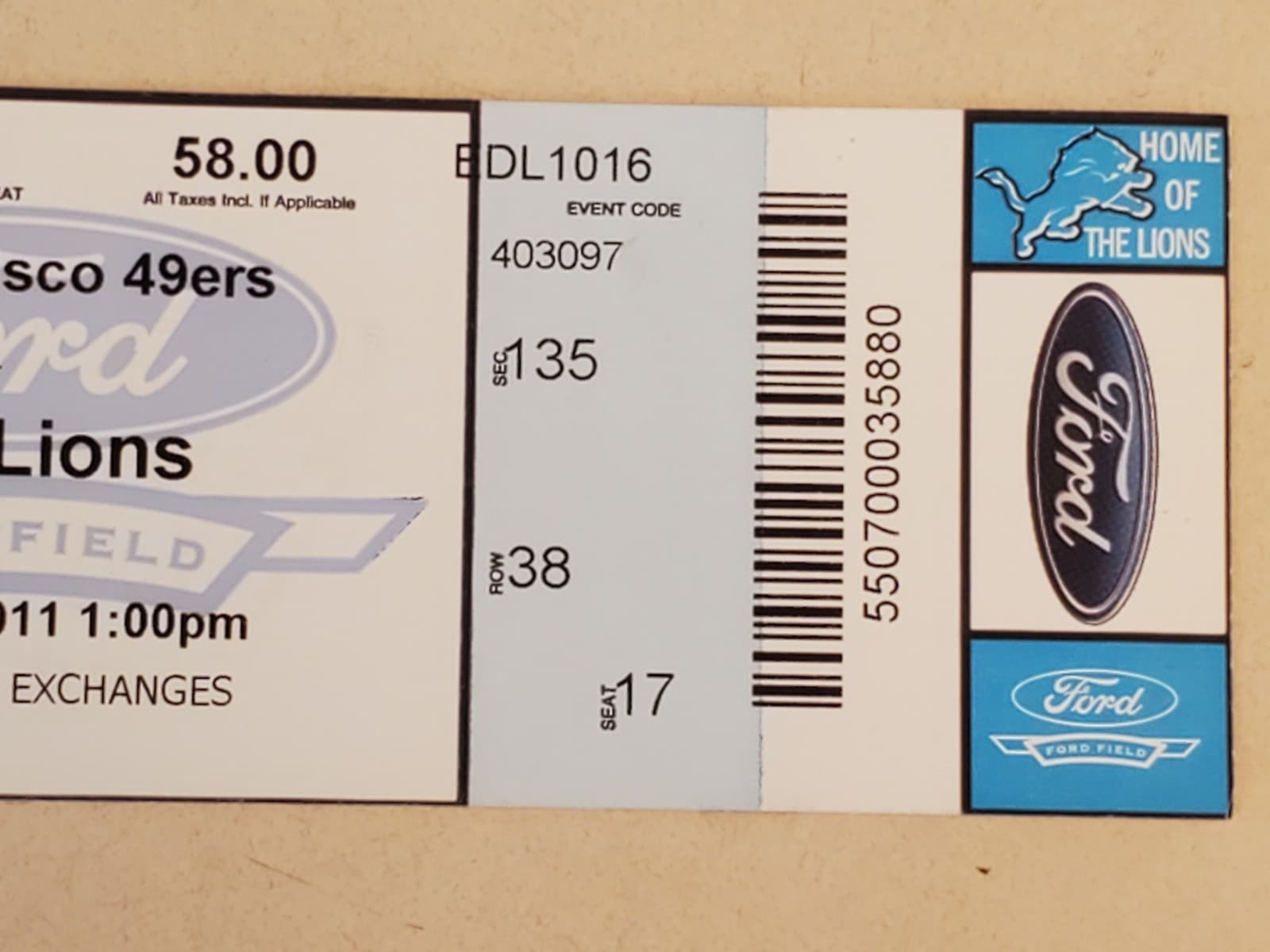 2011 NFL Detroit Lions Ticket Stub OCT 16 2011 v San Francisco 49ers (19-25L) - Thumbnail 5