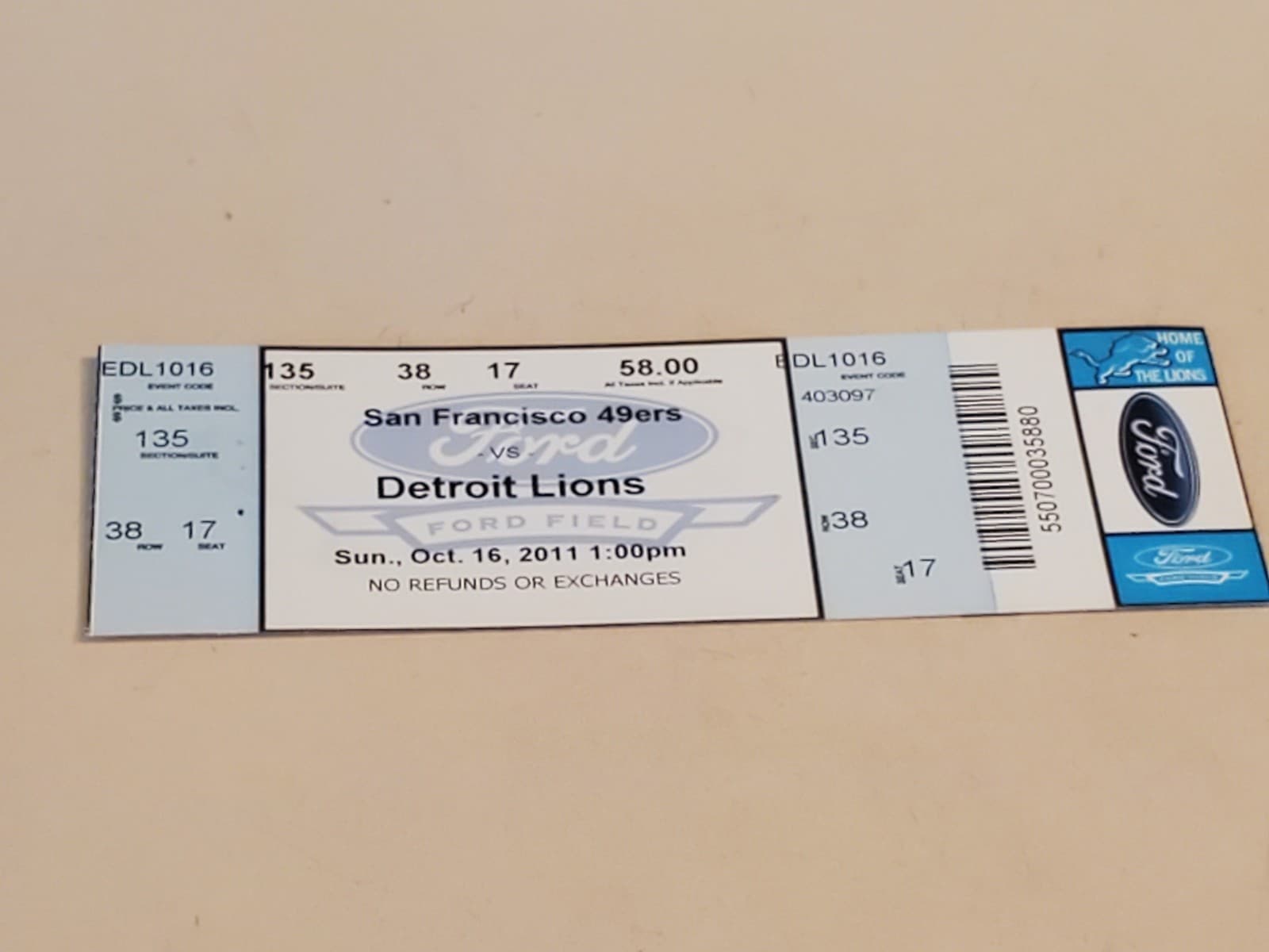 2011 NFL Detroit Lions Ticket Stub OCT 16 2011 v San Francisco 49ers (19-25L) - Thumbnail 6