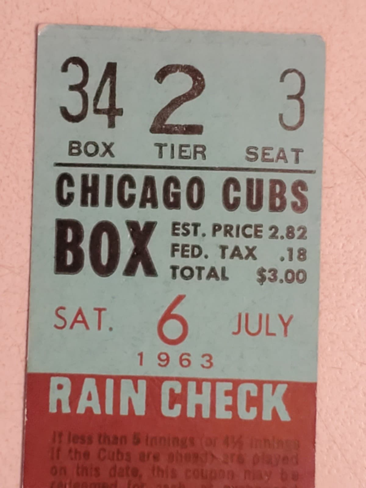 1963 MLB Chicago Cubs Ticket Stub JUL 6 1963 v Philadelphia Phillies (0-6L) - Thumbnail 4