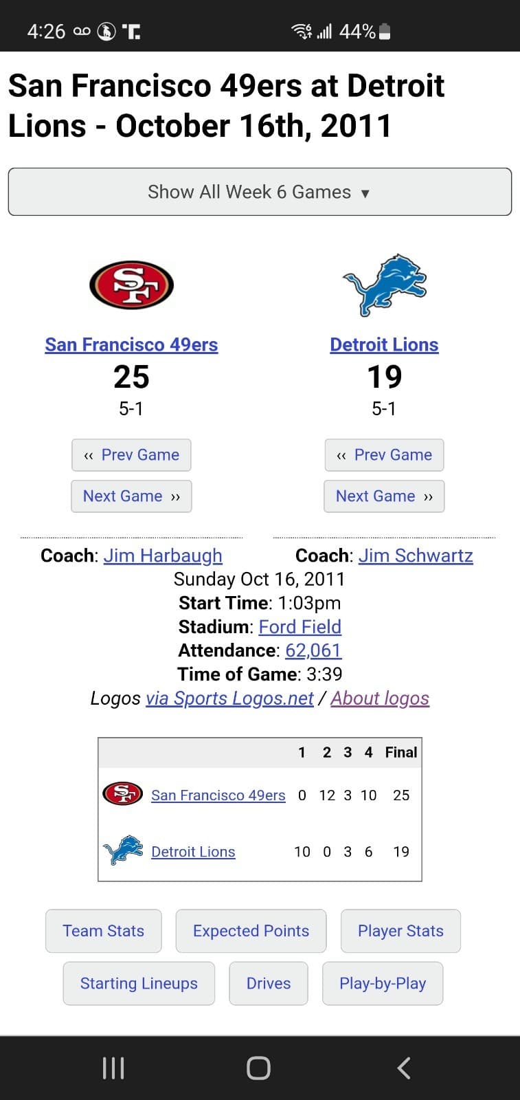 2011 NFL Detroit Lions Ticket Stub OCT 16 2011 v San Francisco 49ers (19-25L) - Thumbnail 3