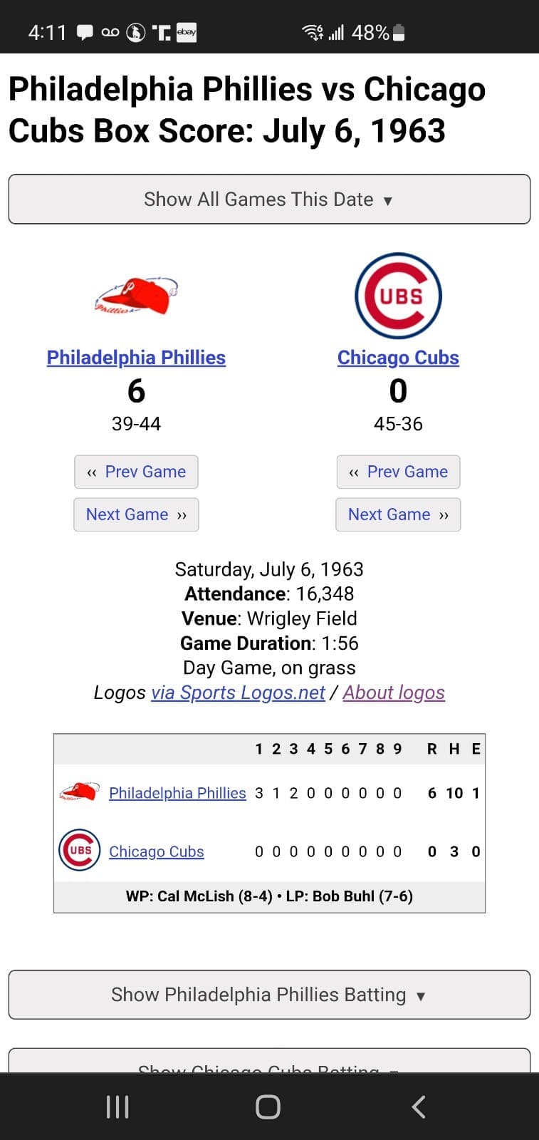 1963 MLB Chicago Cubs Ticket Stub JUL 6 1963 v Philadelphia Phillies (0-6L) - Thumbnail 3