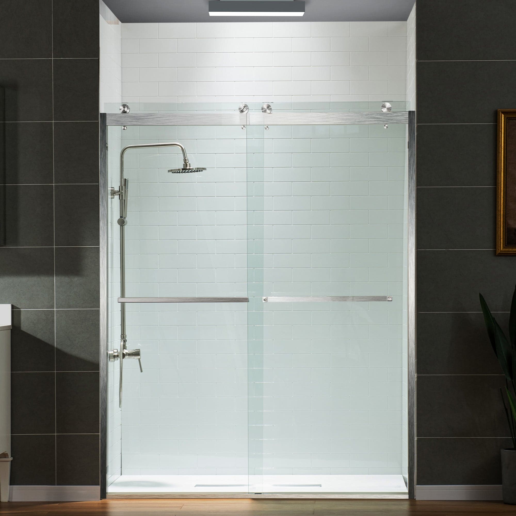 Woodbridge Frameless Shower Door Tempered Glass Brushed Nickel FFE-1399 - Image 1