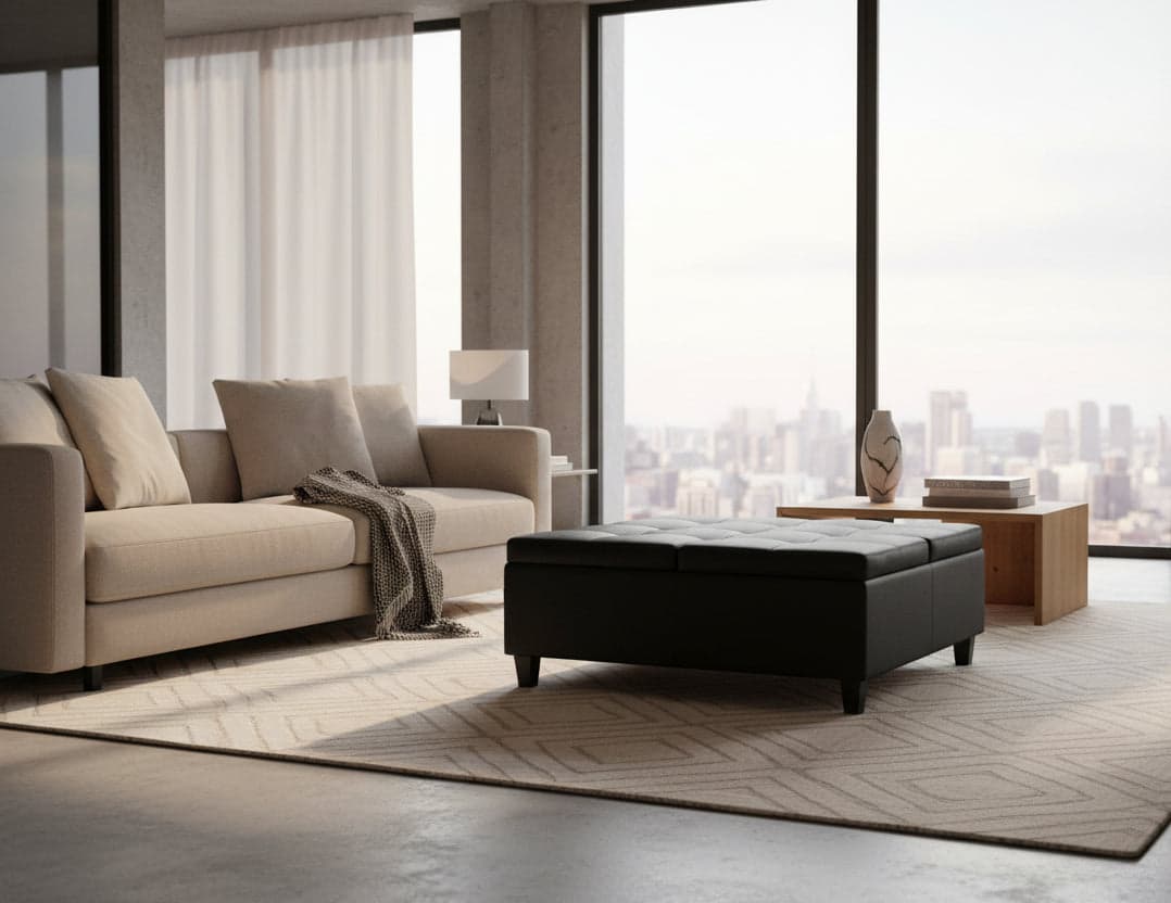 Harrison 40" Square Storage Ottoman Black Vegan Faux Leather FFW-931 - Image 1