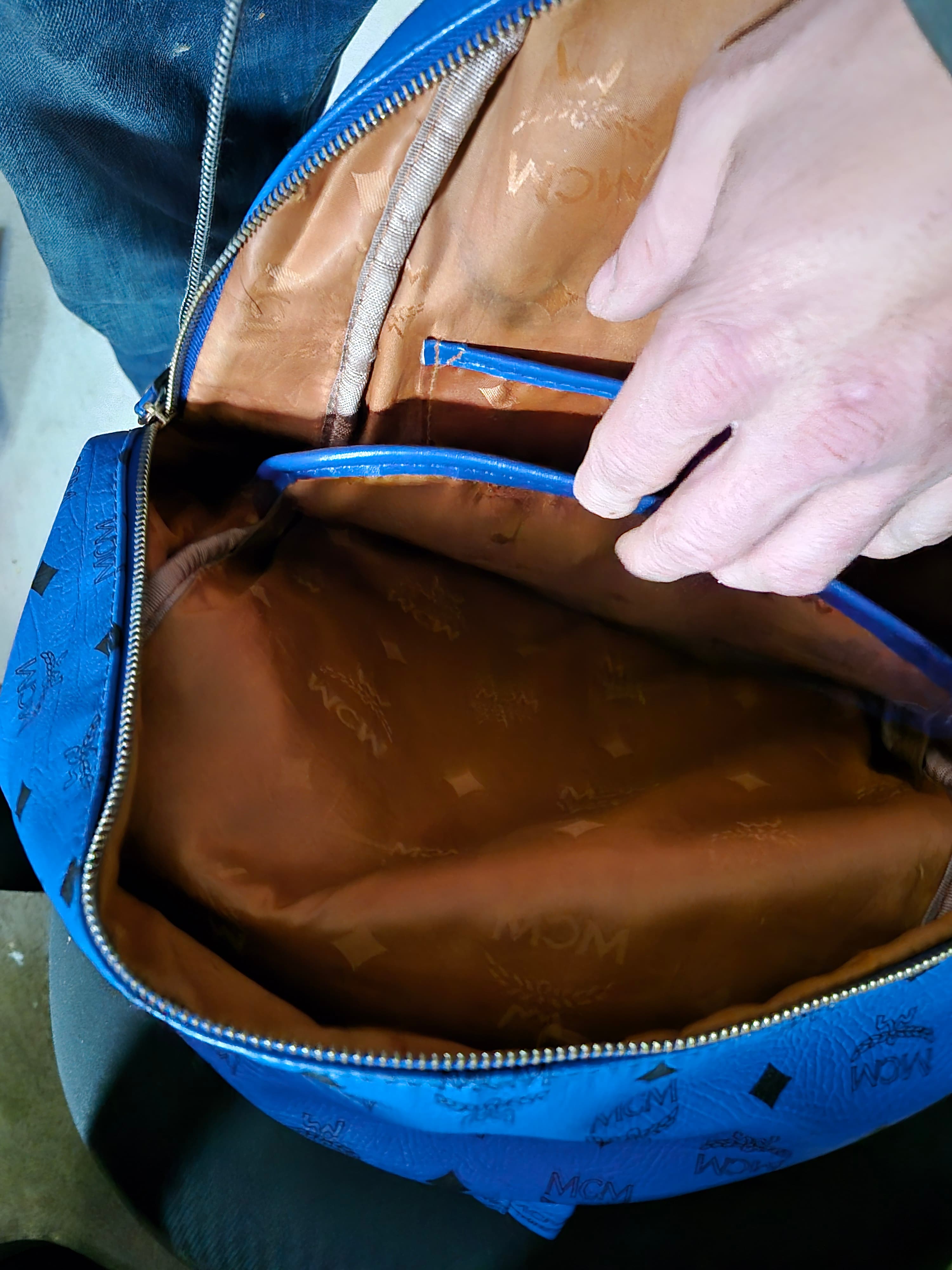 MCM Blue Leather Backpack with Studs and Logo Print - Thumbnail 6